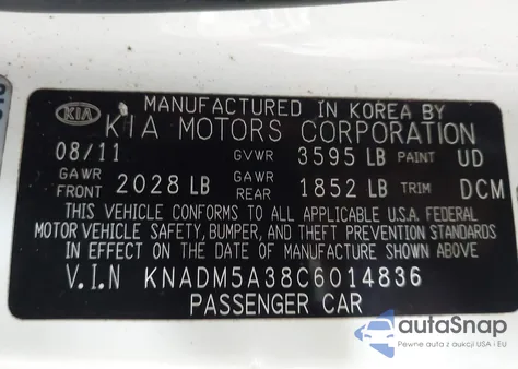 2012 Kia Rio5 Lx из США, поврежденный, VIN KNADM5A38C6014836